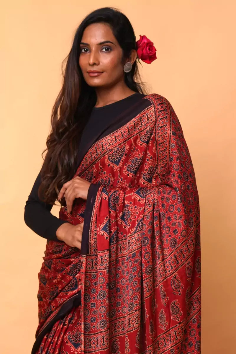 Red Modal Silk Ajrakh Saree