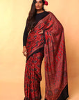 Red Modal Silk Ajrakh Saree