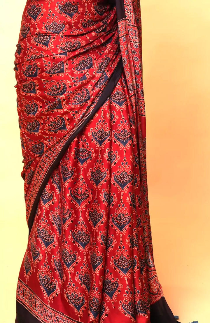 Red Modal Silk Ajrakh Saree