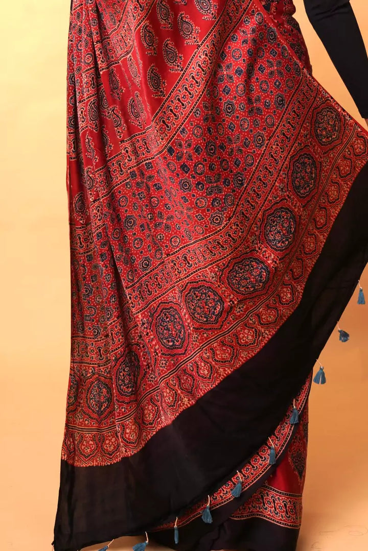 Red Modal Silk Ajrakh Saree