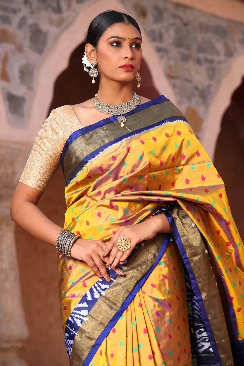 Yellow Blue Ikat Silk Saree