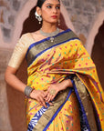 Yellow Blue Ikat Silk Saree