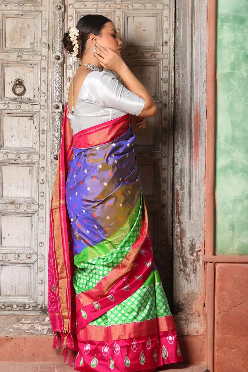 Dark Green and Red Pochampally Ikat Cotton Handloom Saree with All Ove –  Uppada