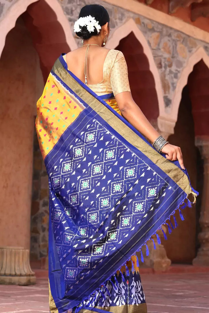 Yellow Blue Pochampally Ikat Silk Saree