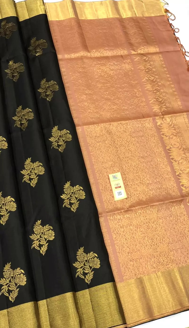 Elegant Black Soft Silk Saree With Zari Borders & Stripes