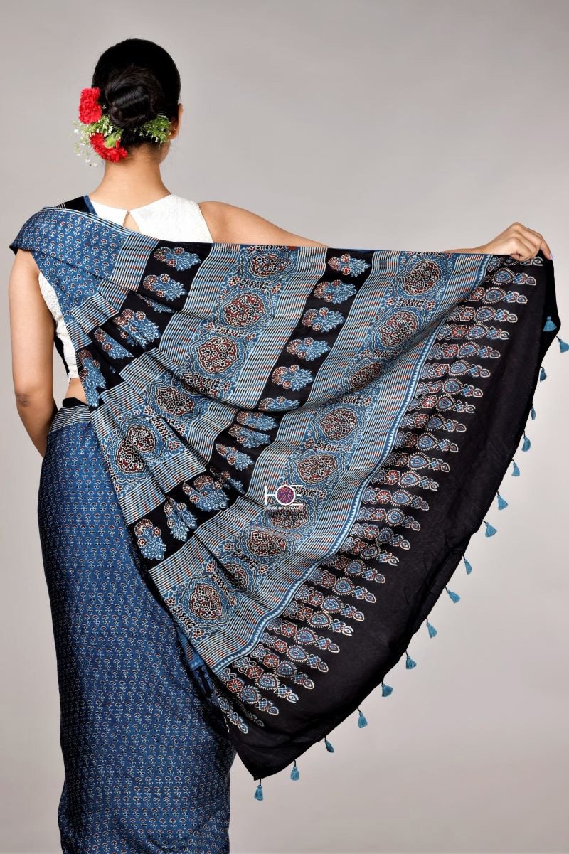 Indigo Ajrakh Modal silk Saree