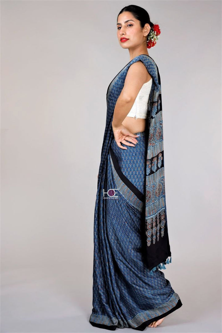 Blue ajrakh printed modal silk sarees
