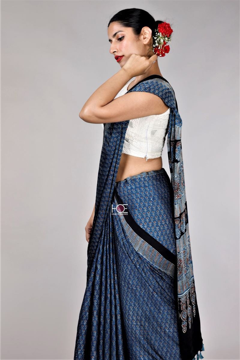 Buy Indigo Buds Ajrakh Modal Silk Saree Online - House Of Elegance ...