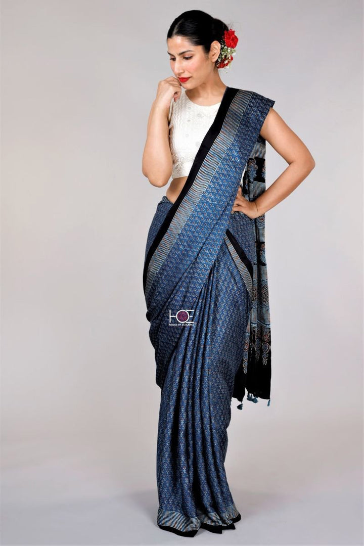 blue silk saree ajrakh sarees online