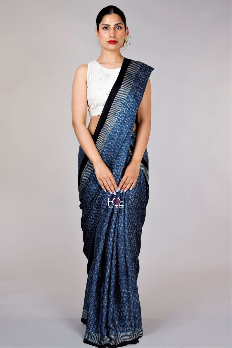 Blue silk saree ajrakh saree