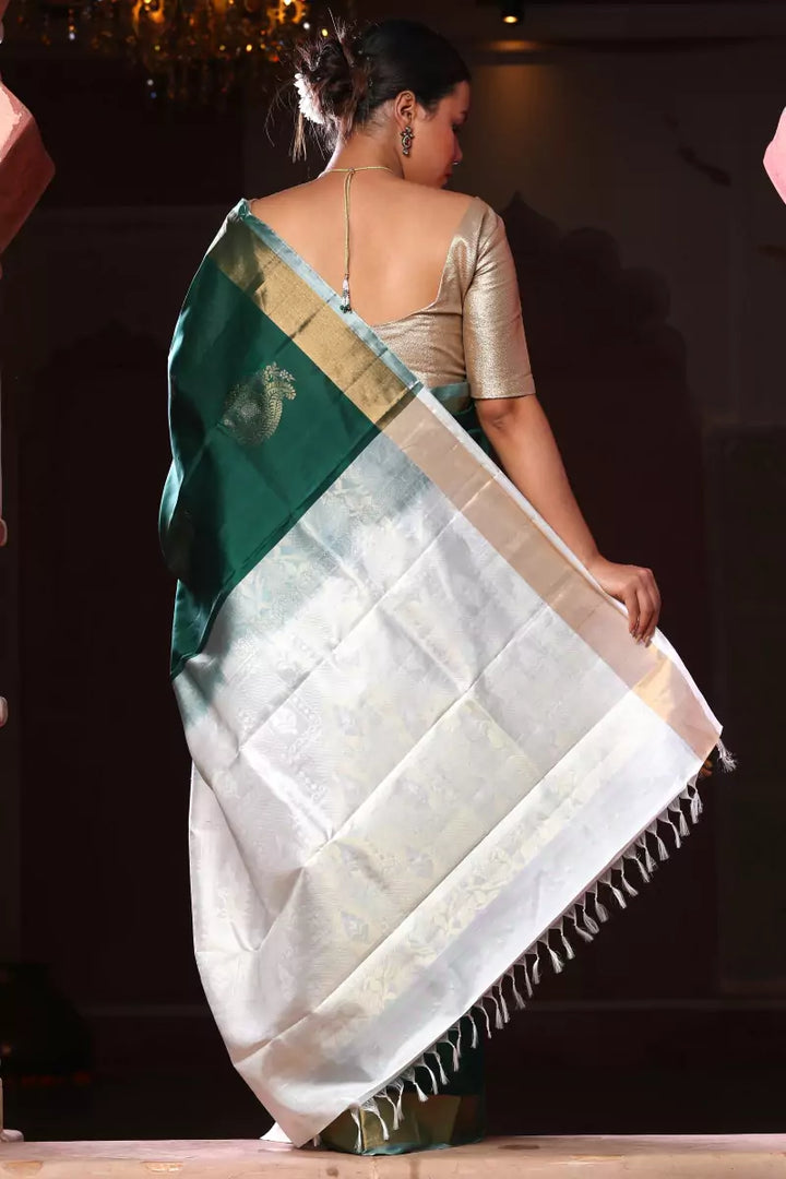 Handloom white  Green Kanjivaram Silk Saree
