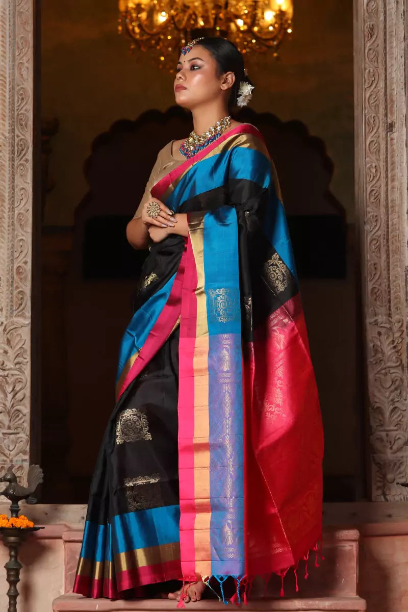 Black Blush Soft Silk Kanjivaram Saree