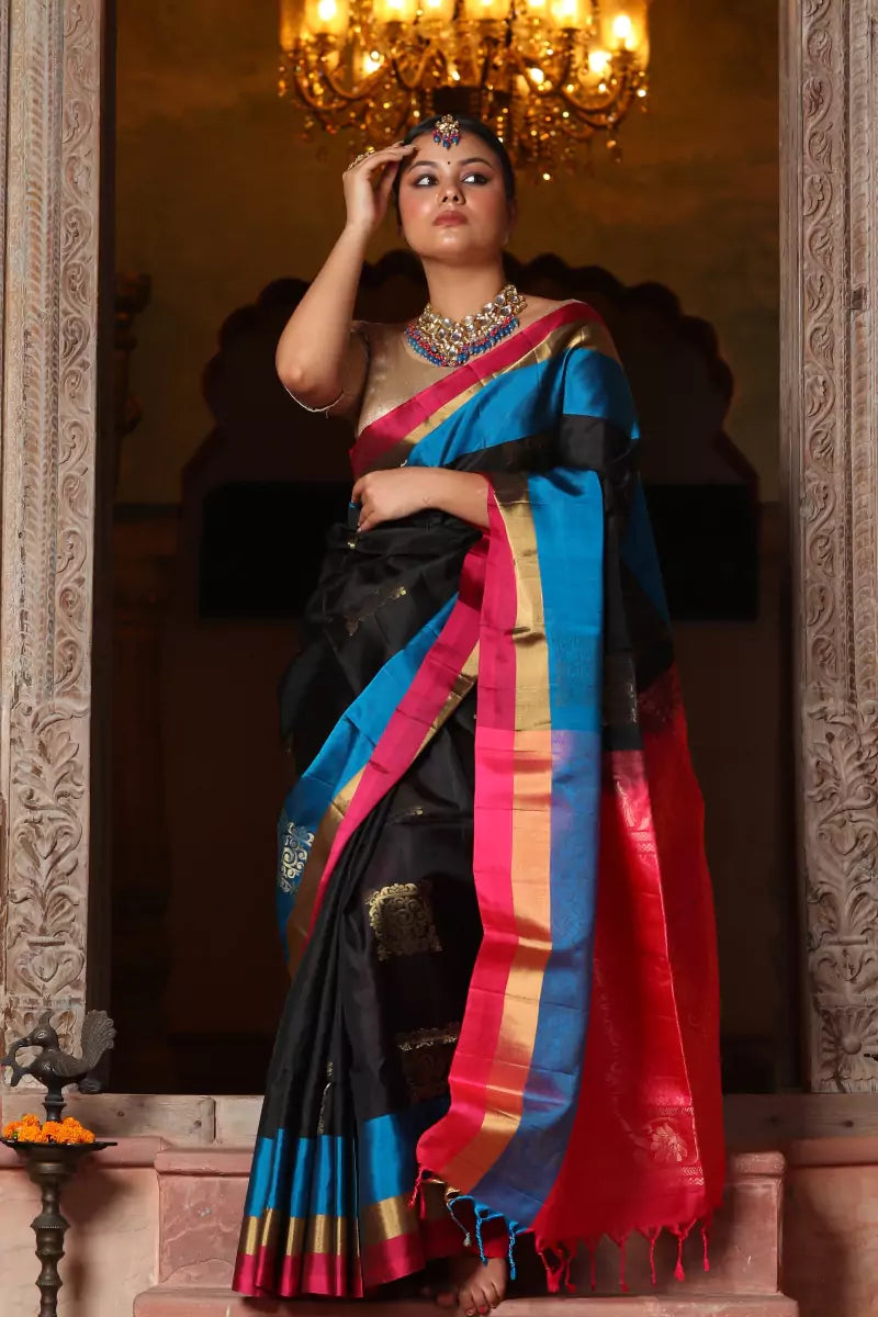 Black Mulberry Silk Kanjivaram Saree