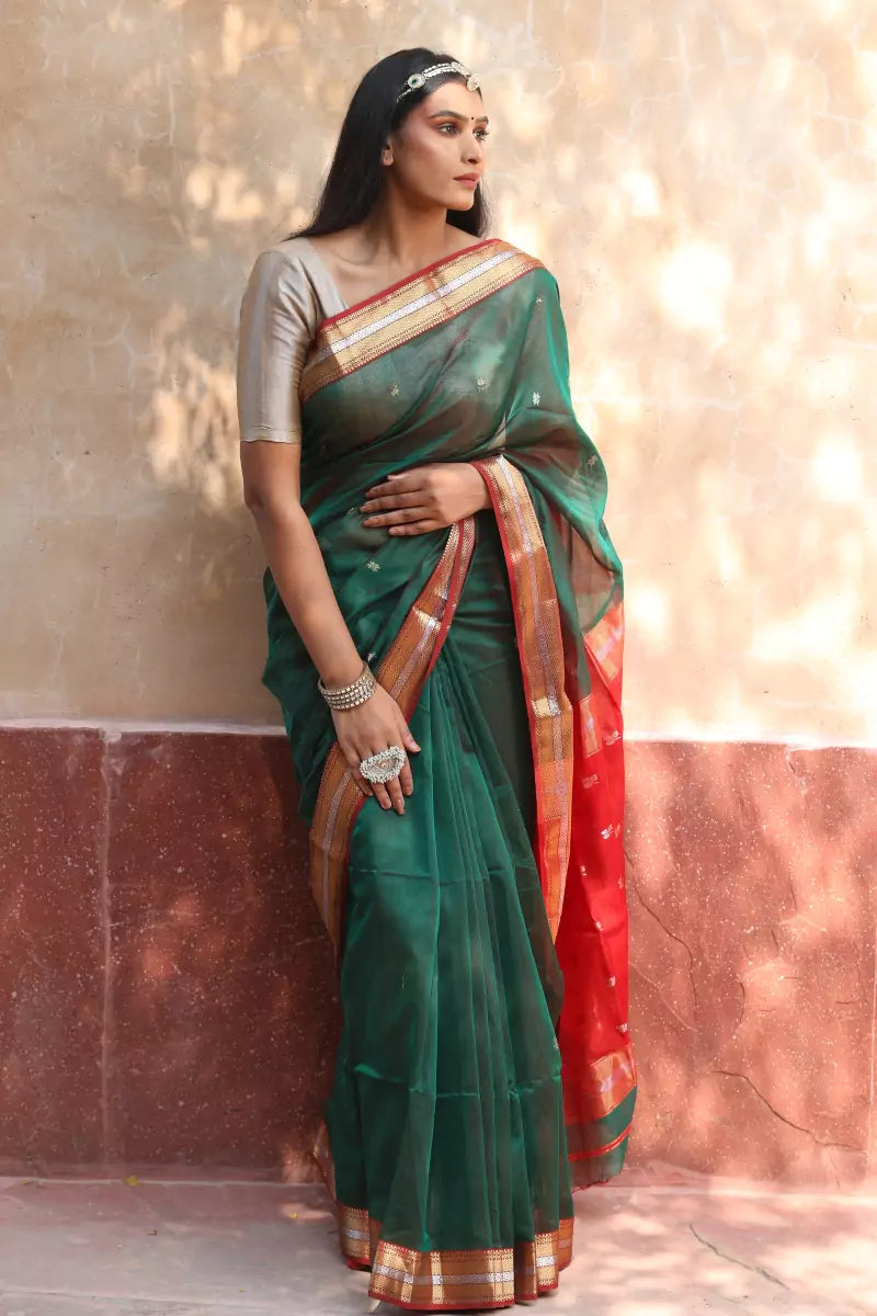 DARK GREEN SILK KANCHIPURAM SAREE WITH RED BORDER - Binal Patel