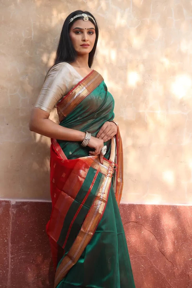 Parrot Green Cotton Silk Saree with Box Design pallu -B1G1 - Loomfolks