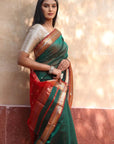 Green Red Maheshwari Cotton Silk Saree