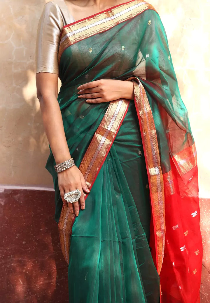 Jodha Green Maheshwari Cotton Silk Saree