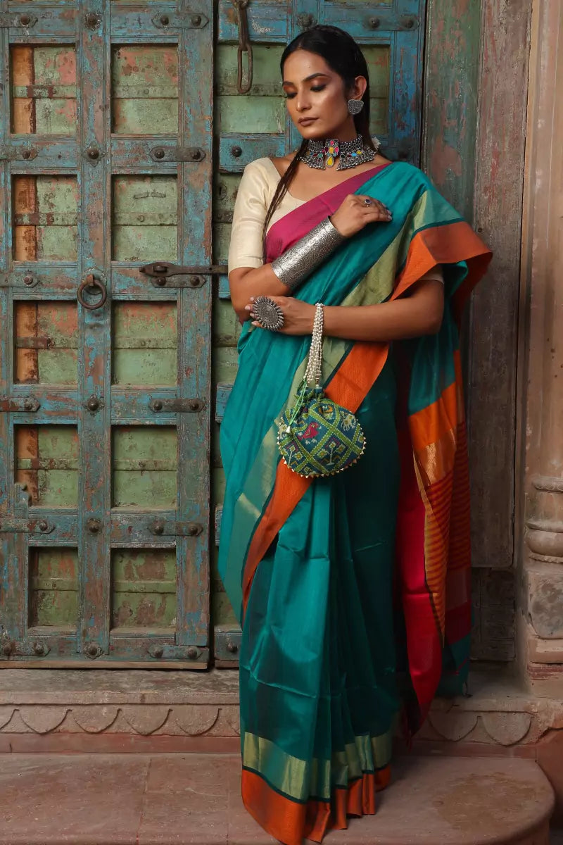 Teal Green Maheshwari Cotton Silk Saree