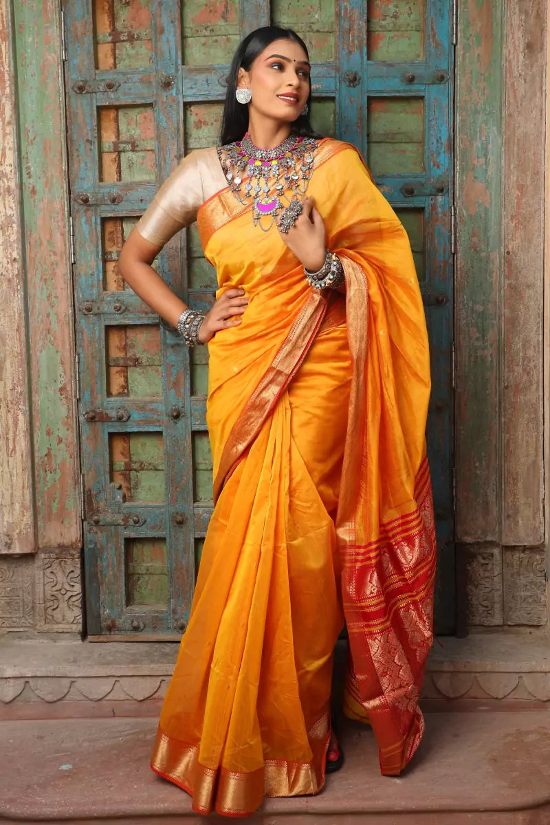 Yellow Maheshwari Cotton Silk Saree