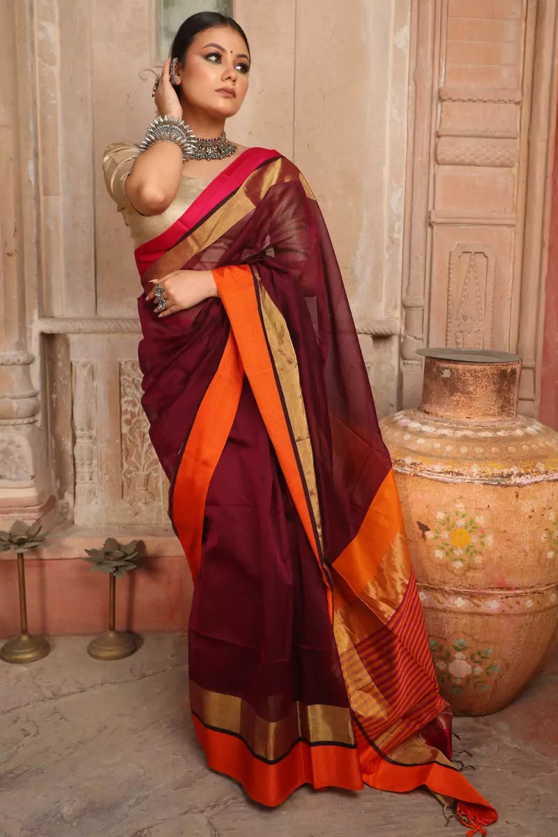 Maroon Maheshwari Cotton Silk Saree