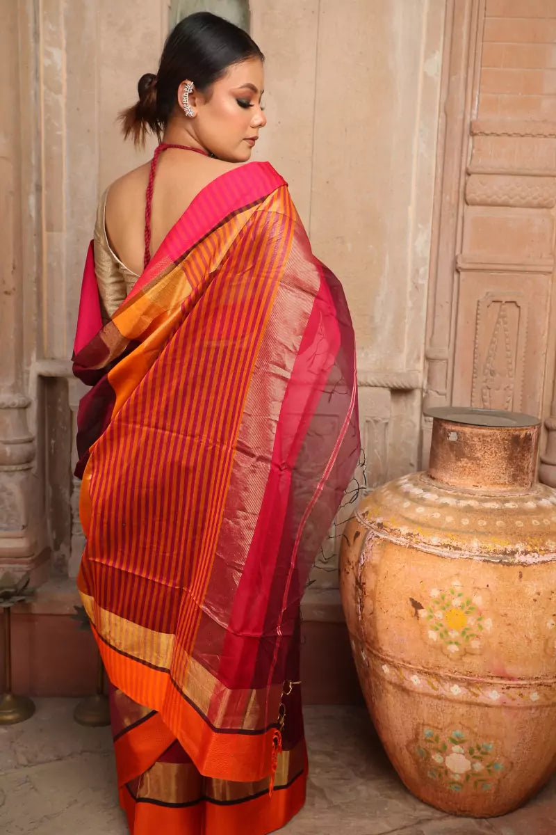 Maroon Stripe Maheshwari Cotton Silk Saree