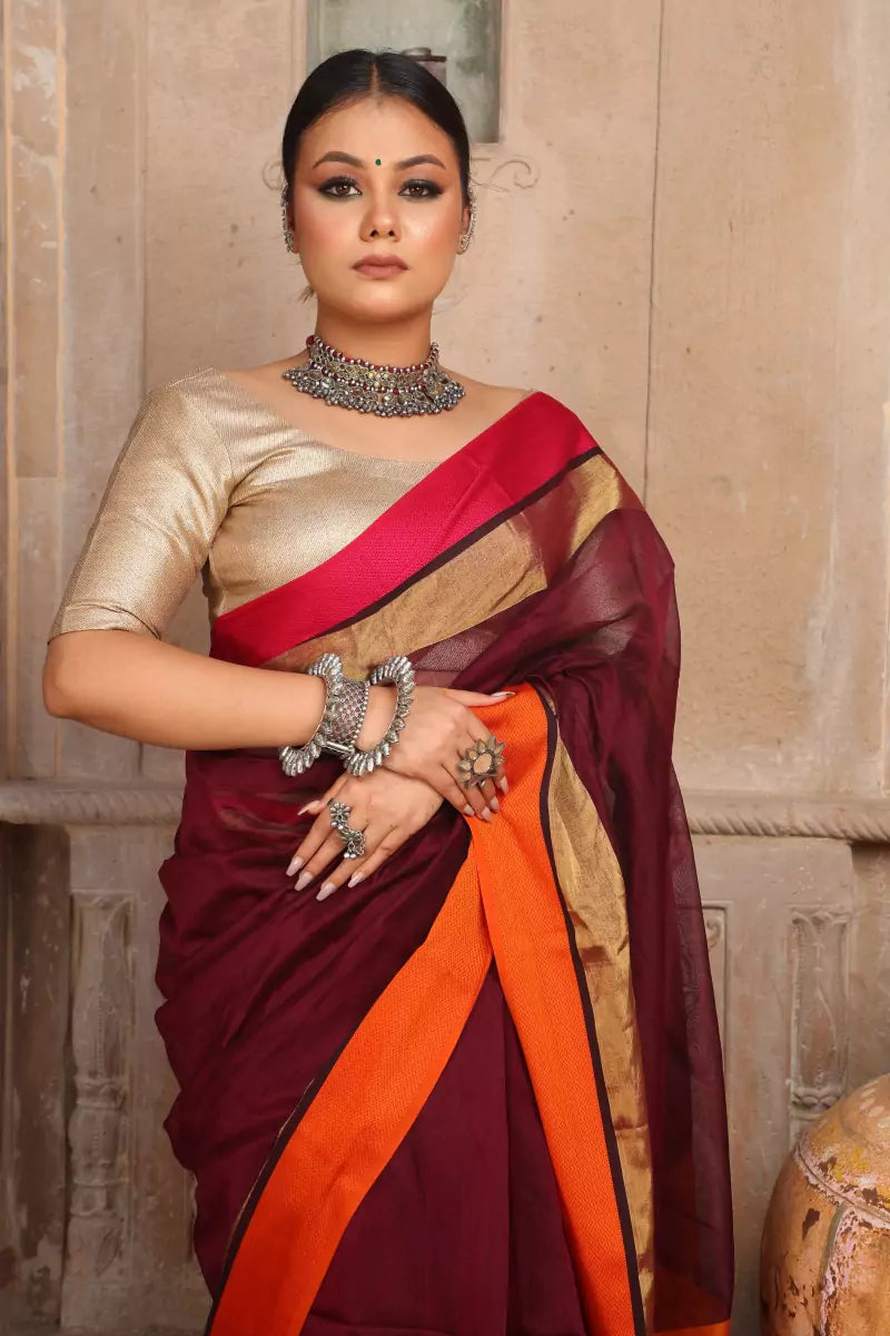 Double Border Maroon Maheshwari Cotton Silk Saree