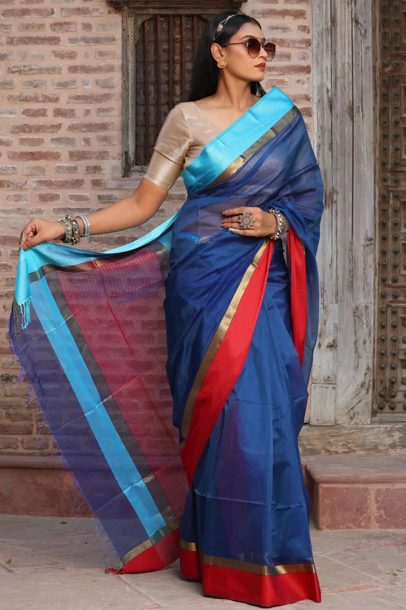 Blue Maheshwari Silk Saree