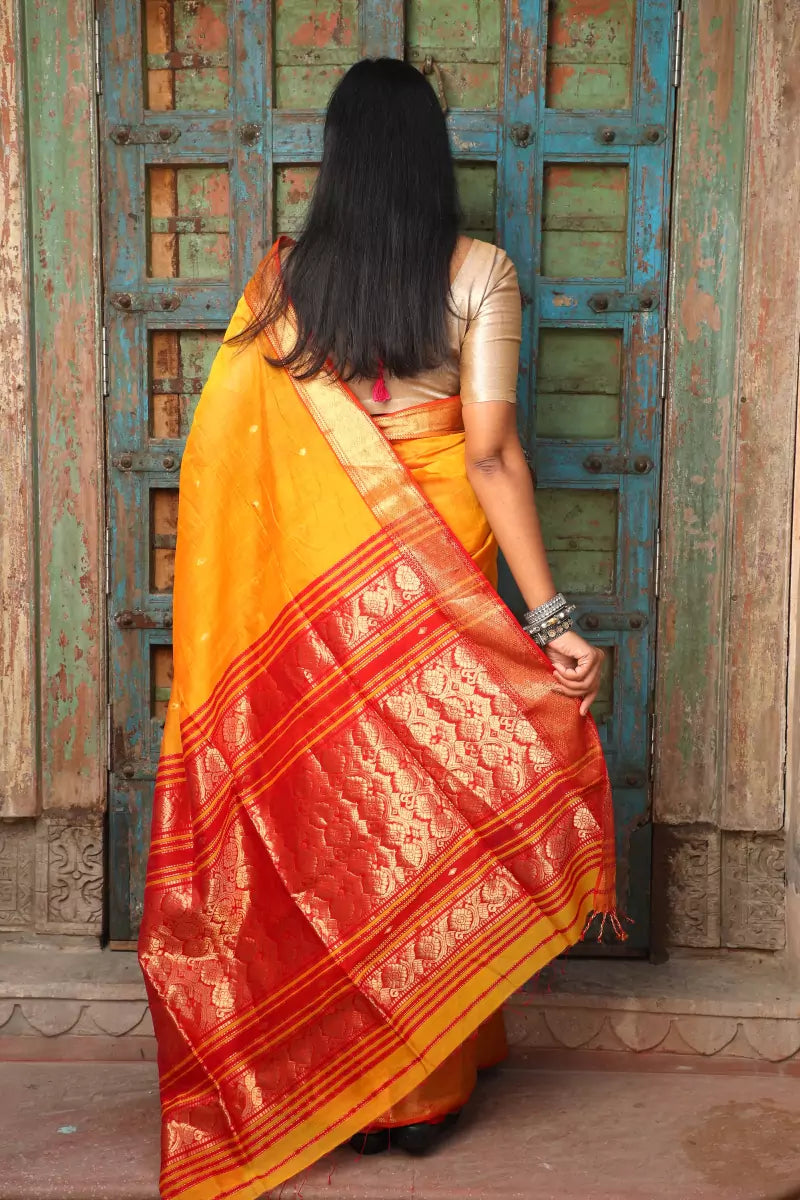 Red Pally Yellow  Maheshwari Cotton Silk Saree