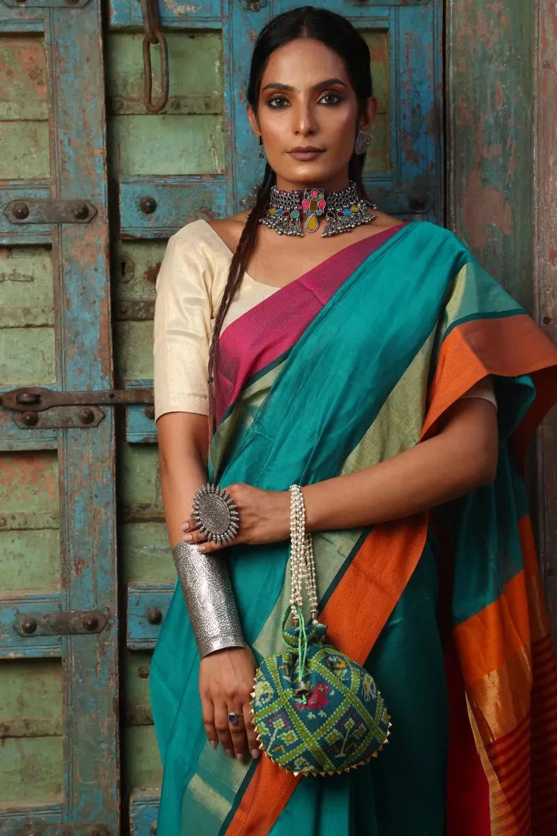 Teal Green Stripe Traditional Maheshwari Saree