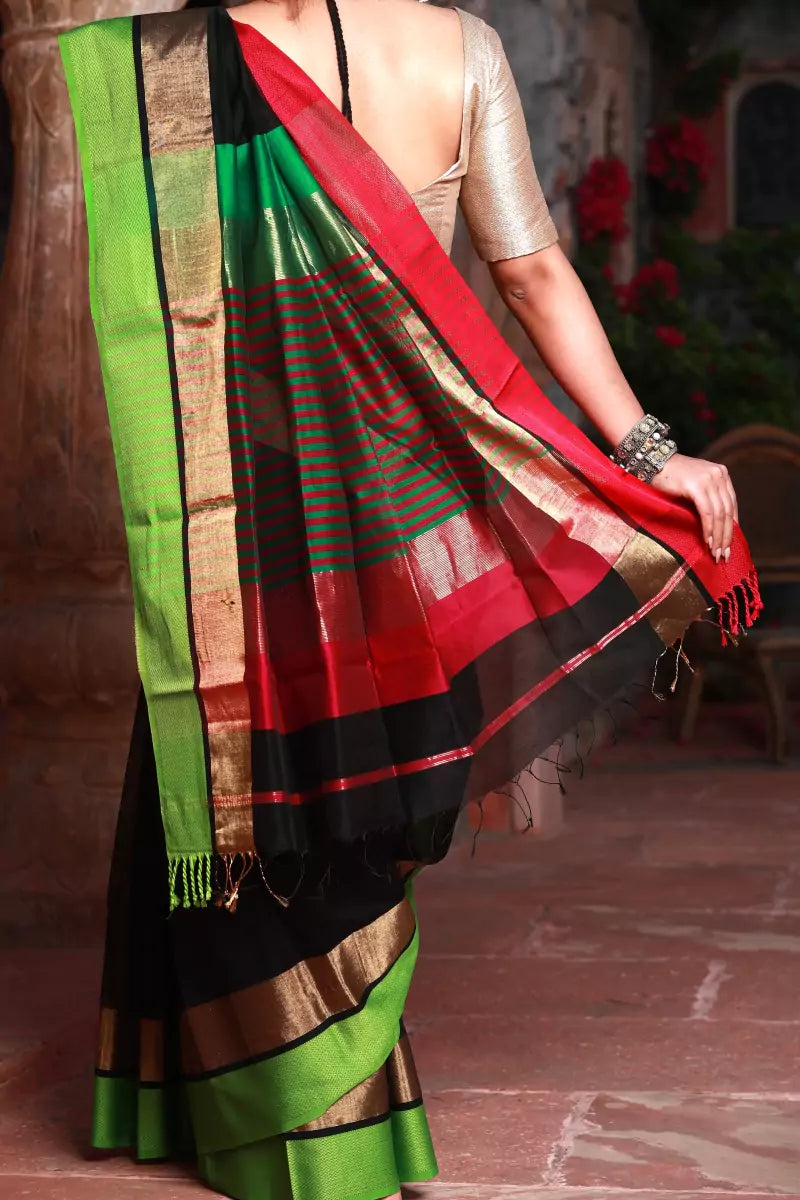 Traditional Black Maheshwari Cotton Silk Saree