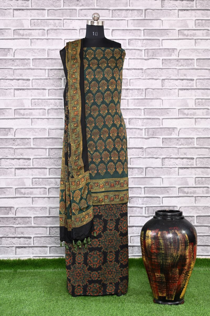 Green Kamal Pital Unstitched Modal Silk Ajrakh Print Suit